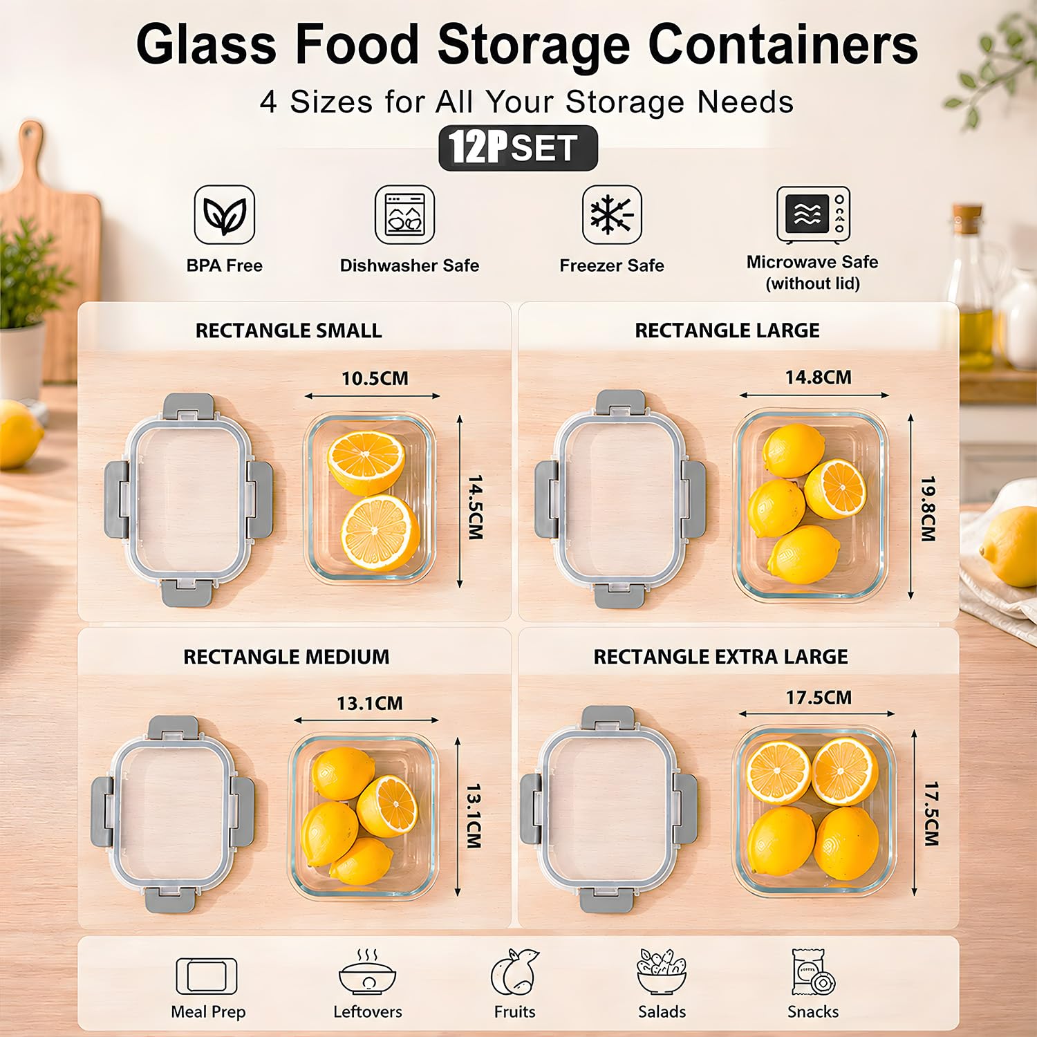 Confezione da 12 contenitori per alimenti in vetro con coperchio, contenitori ermetici in borosilicato, senza BPA, per forno a microonde e lavastoviglie, contenitori per pranzo e pranzo