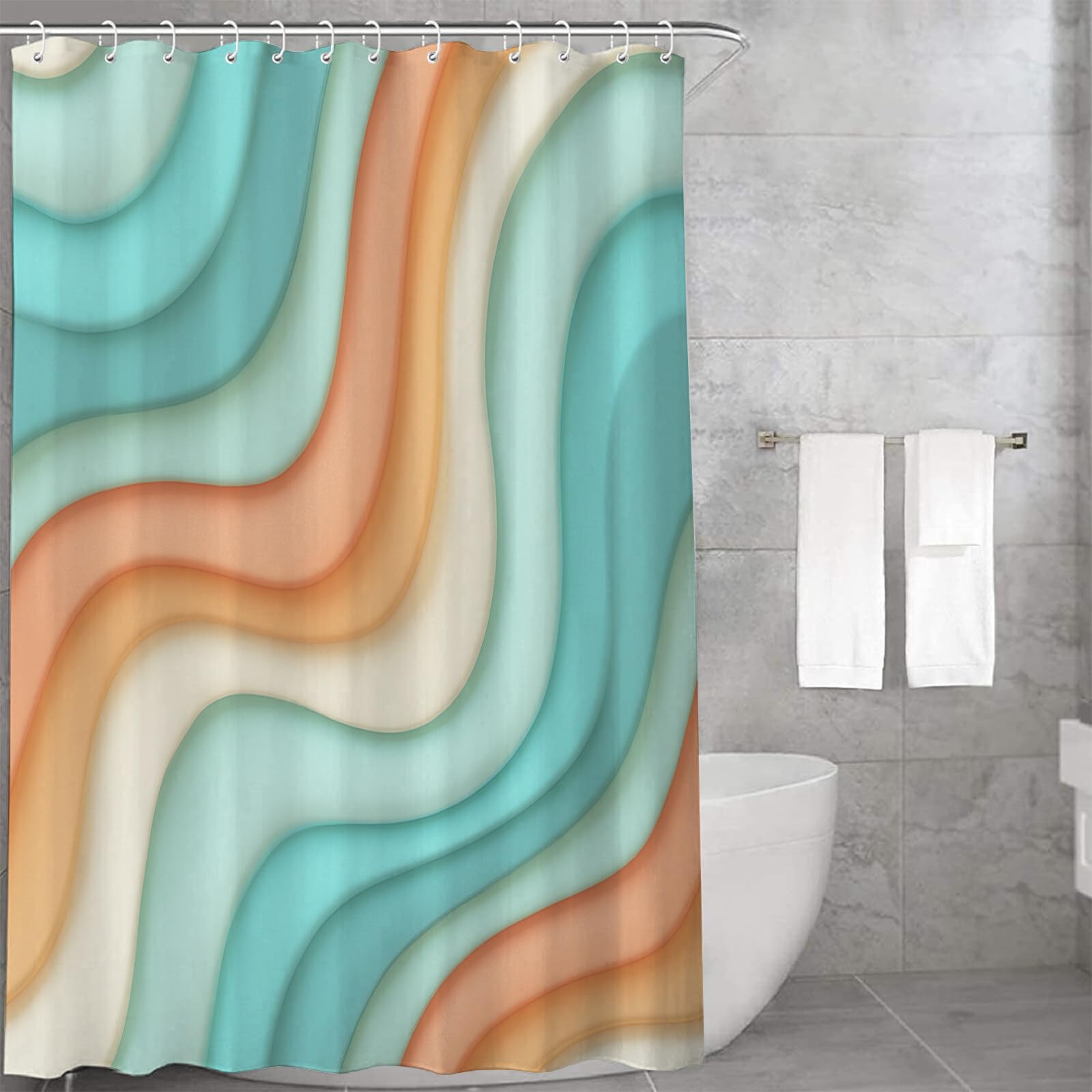 Rideau Douche, Rideau Baignoire Lavable en Machine Rideaux Douche Tissus Lavable Rideau De Baignoire Lavable pour Salle De Bain Domicile Baignoire Famille, Rayures Ondulées,