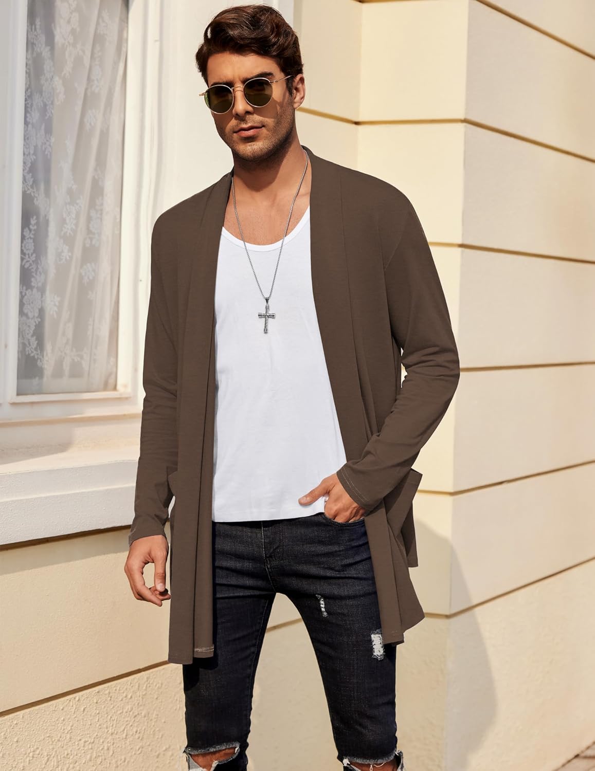 COOFANDY Men's Ruffle Shawl Collar Cardigan Open Front Lightweight Long Length Drape Cape Overcoat with Pockets - Image 3