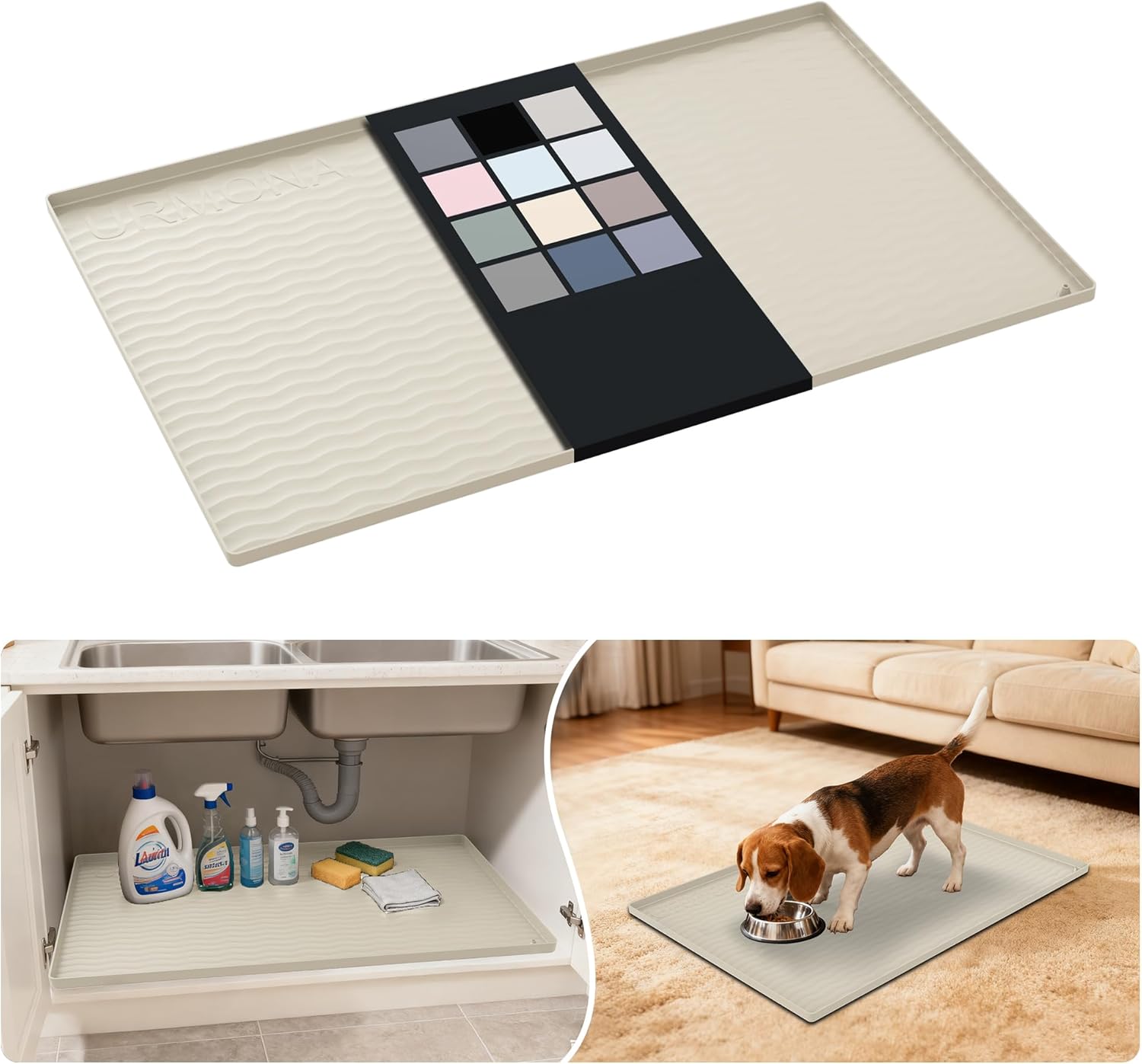 URMONA Waterproof Silicone Under Sink Mat 34'' x 22'' Shelf Liner for Kitchen and Bathroom, Cabinet and Counter Protector, Storage and Organizers, Litter Mat, Pet Cat Puppy Essentials(Cream) Cream 22"W x 34"L