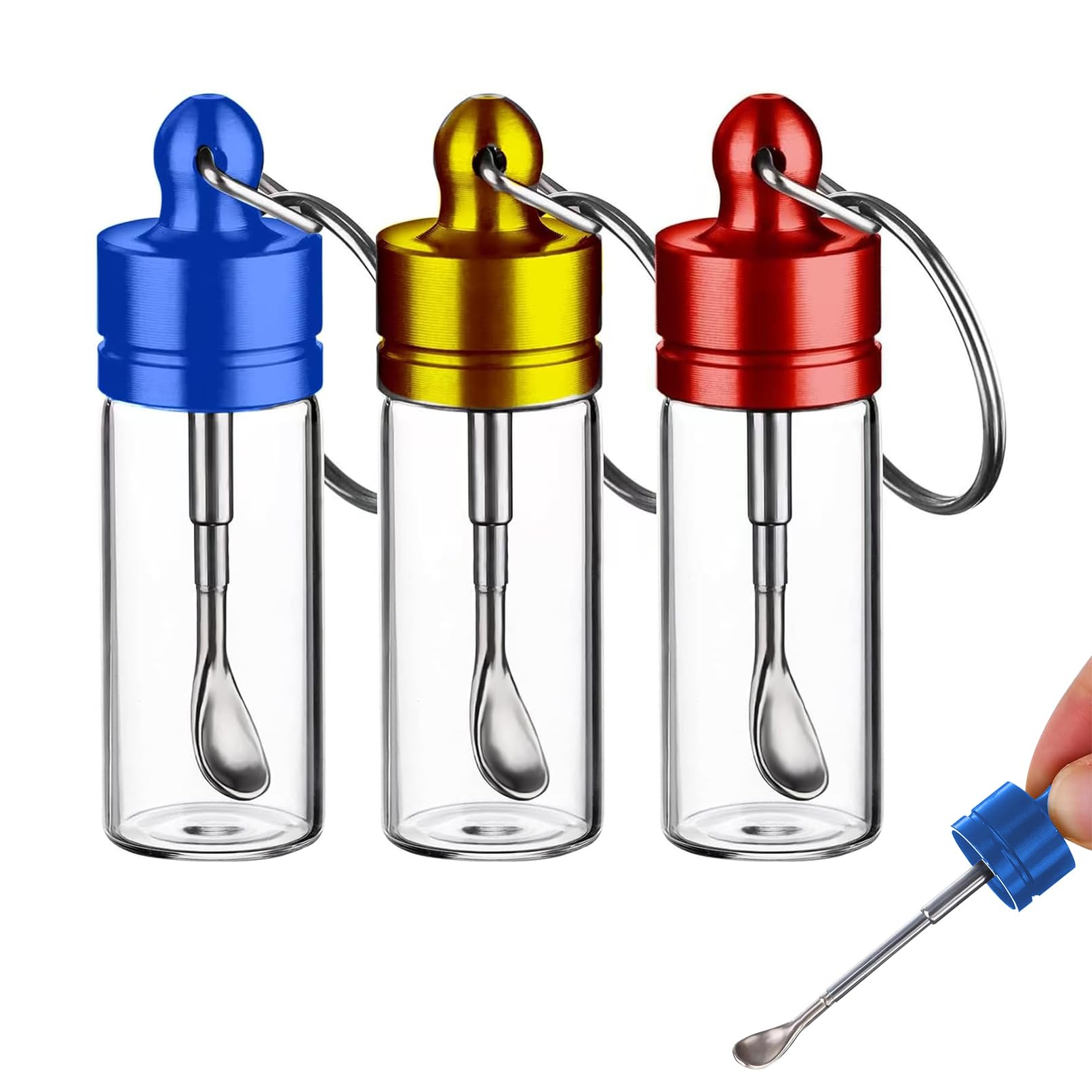 Mini Bouteille Verre, Lot de 3 Contenants Portatifs 6cm avec Anneau pour Épices, Sucre (Rouge, Or, Bleu), Bocaux à Épices Étanches pour Cuisine et Voyage