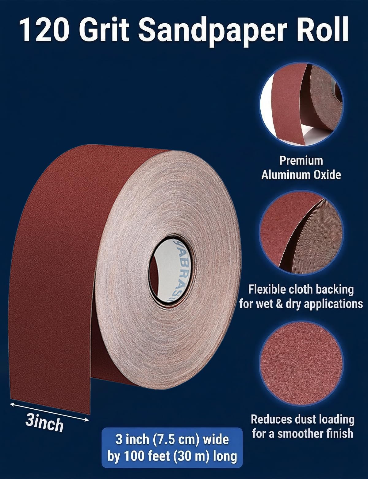 Rotolo di carta vetrata a grana 120, 7,6 cm x 30,5 m, carta abrasiva in ossido di alluminio per levigatrice a tamburo, carta vetrata adesiva a umido per legno, metallo, mobili, settore automobilistico