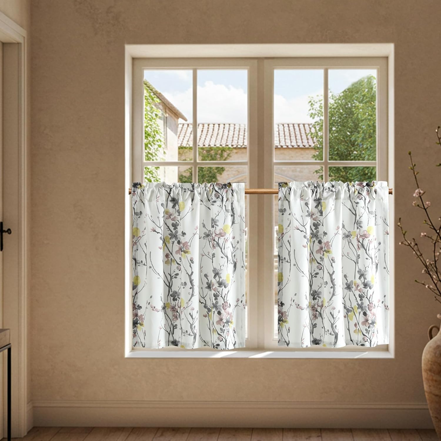 Leeva Farmhouse Style Half Curtains for Windows, Faux Linen Textured Small Cafe Curtain for Kitchen Living Room, Light Filtering, Rod Pocket, 30 x 24 Inches, 2 Panels