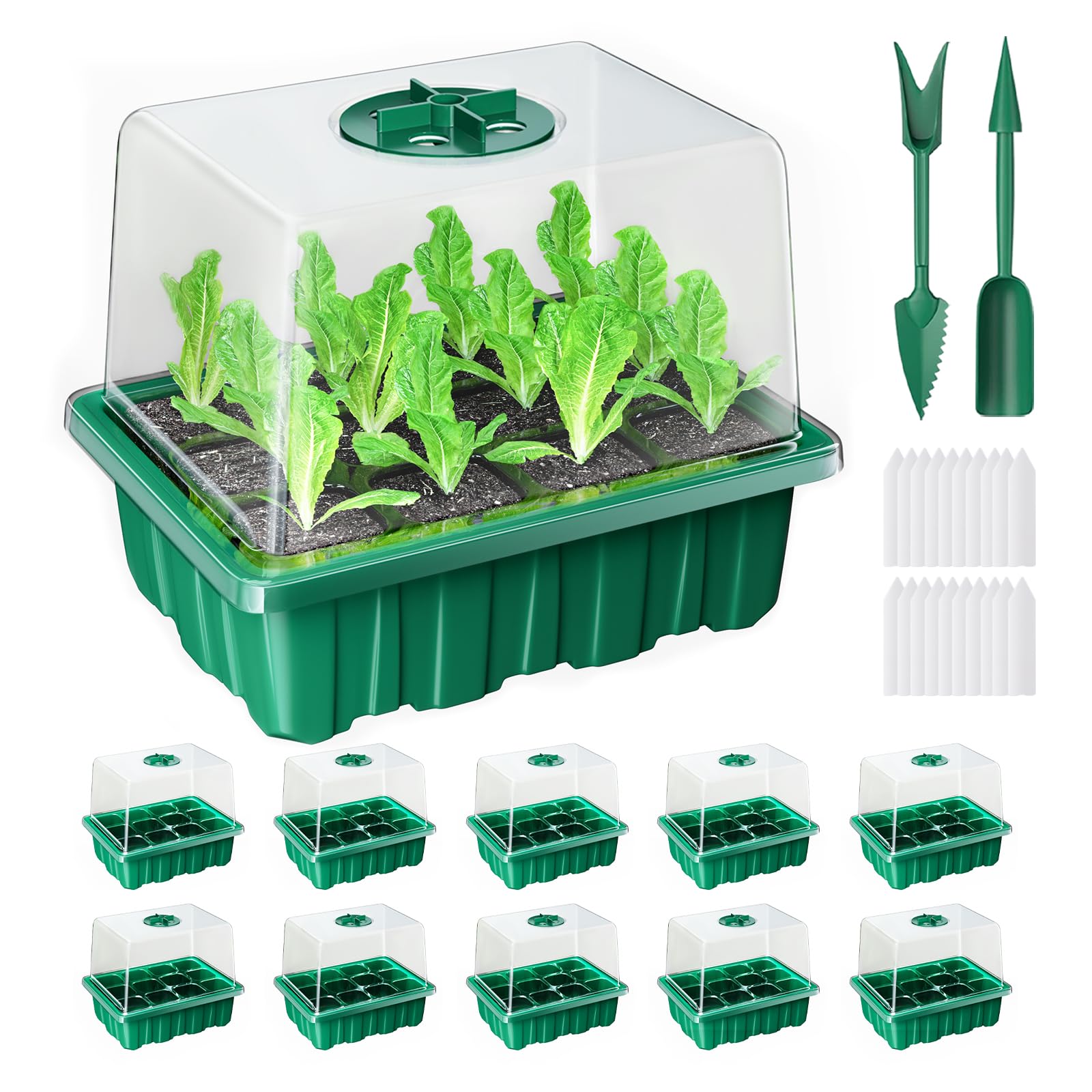 YAUNGEL Seed Starter Tray, 10 Pack 120 Cells Thicken Seed Starter Kit with Heightened Lids Humidity Dome Seedling Starter Trays for Indoor Gardening Plant, Green