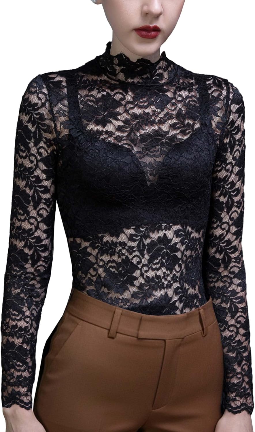 METWAY Lace Top for Women Long Sleeve Lace Shirt Sheer Turtleneck Ruffle Floral Mesh Undershirt Going Out Sexy Blouse