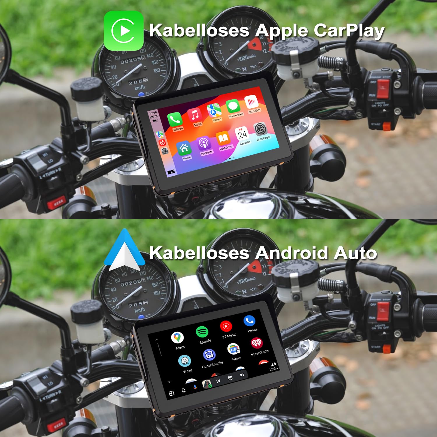 Kabelloser CarPlay für Motorrad, Tragbares Android Auto für Motorräder, 7 Zoll Motorrad GPS Navigation mit IP67 Wasserdichter, Duales Bluetooth/Sprachsteuerung/Navigation/FM/Mirror-Link