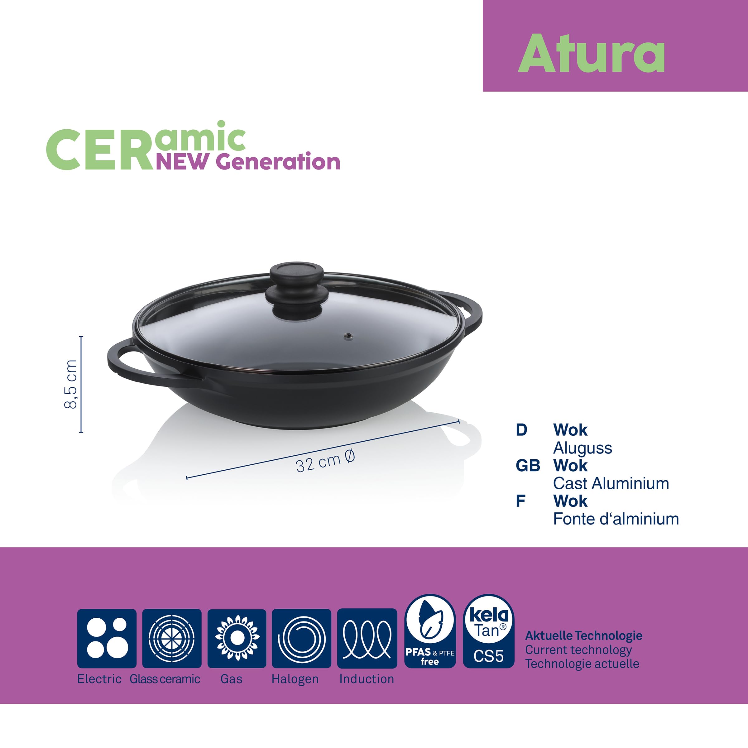 kela Wokpfanne 32 cm mit Glasdeckel ATURA, Wok Induktion 4 Liter, Aluguss keramisch beschichtet, PFAS frei, schwarz