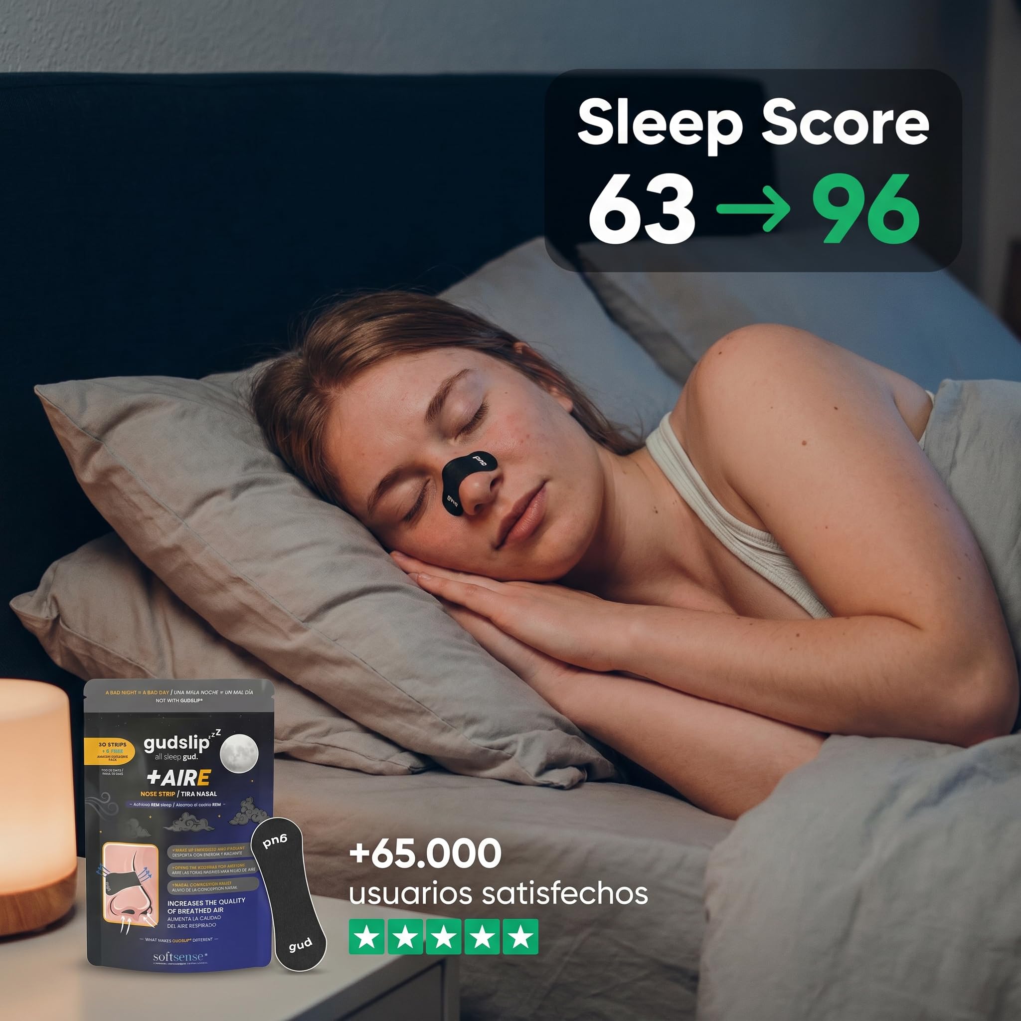 GudSlip® Tiras Nasales para Dormir Antirronquidos (30+6) - Respira Mejor, Reduce Ronquidos y Mejora tu Sueño - Ultra Cómodas, Hipoalergénicas y de Alta Adherencia