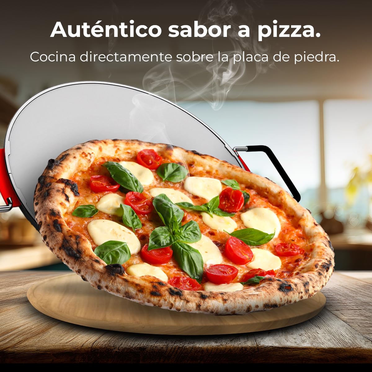 Cecotec Horno Eléctrico para Pizzas Pizza Maker Fun Pizza&Co Mamma Mía Window +. 1200W, Temp. de 15min, Cocina hasta 400ºC, Termostato Regulable, Cocción Uniforme, Placas de Piedra, Indicador Luminoso