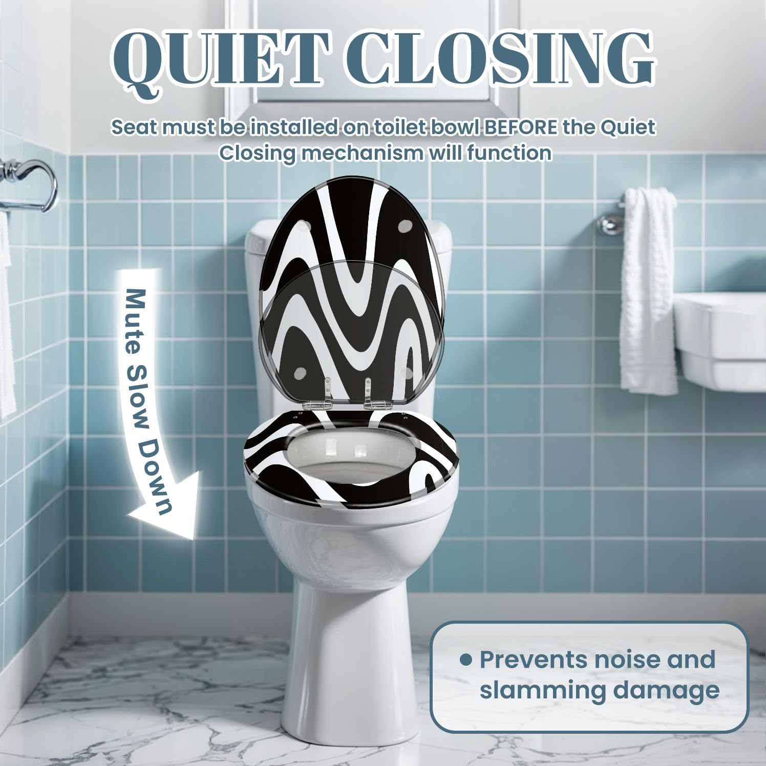 Elongated Toilet Seat Seamless Liquid Abstract Black White Stripe Backdrop Geometric Incline Resin Toilet Seat Slow Quiet Close with Quick-Release Hinges Toilet Seat with Cover Easy to Clean Install
