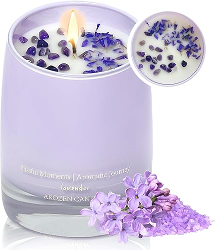 AROZEN Velas perfumadas de vainilla y lavanda, regalo para mujeres, velas de soja natural de aromaterapia de 10 onzas con cristal curativo en el