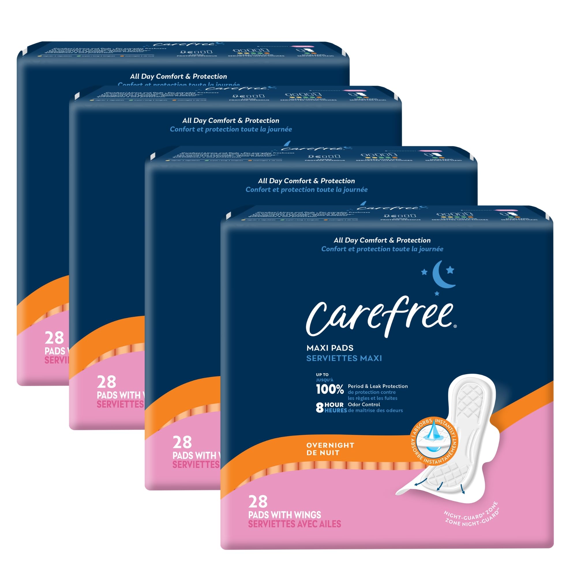Carefree Maxi Pads for Women Overnight Pads with Wings 112ct 4 Packs of 28ct Carefree Pads Feminine Care