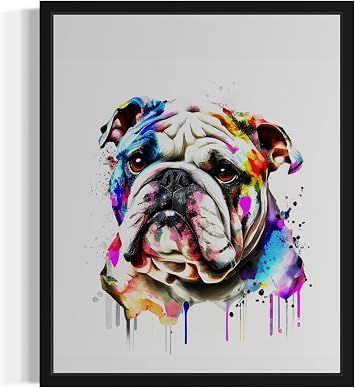 HomeArtPrint Bulldog Dog Art Print Poster, Watercolor Splash Wall Art Painting Puppy Pop Art For Bedroom Living Room Bathroom Puppies Decor 72 Bulldog, 14" L x 11" W, Black Frame