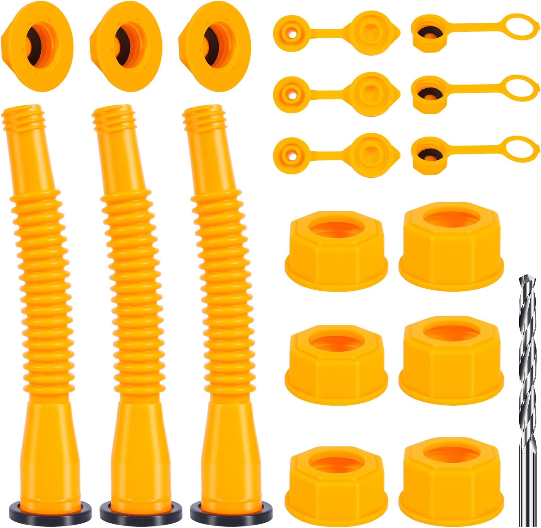 Gas Can Nozzle Replacement Set - 1/2/5/10 Gallon, Leak-Proof Spouts with Flexible Nozzles, Screw Collar Caps, Spout Cover, Base Cap, Drill Bit