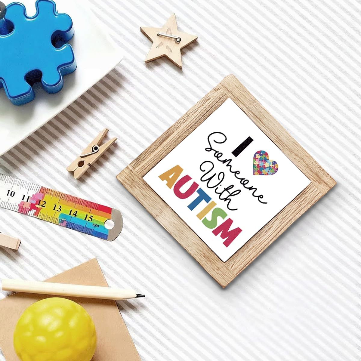 Wooden Autism Sign I Love Someone With Autism Solid Wood Sign Rustic Handmade Living Room Table Wall Decor ASD Awareness Acceptance Gift Desk Decor for ASD Therapist 5.9x5.9 Inch - Image 4