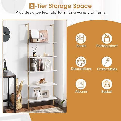 Miniatura 6 de Tangkula Estantería de 5 niveles, moderna estantería de escalera para montar en la pared, estantería abierta de madera de 5 niveles con marco de