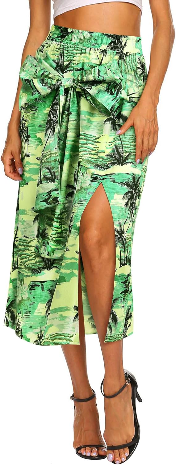Ezcosplay Women Hawaiian Midi Skirt with Slit Tropical Floral Long Skirt Self Bow Tie Vacation Beach Split Skirts