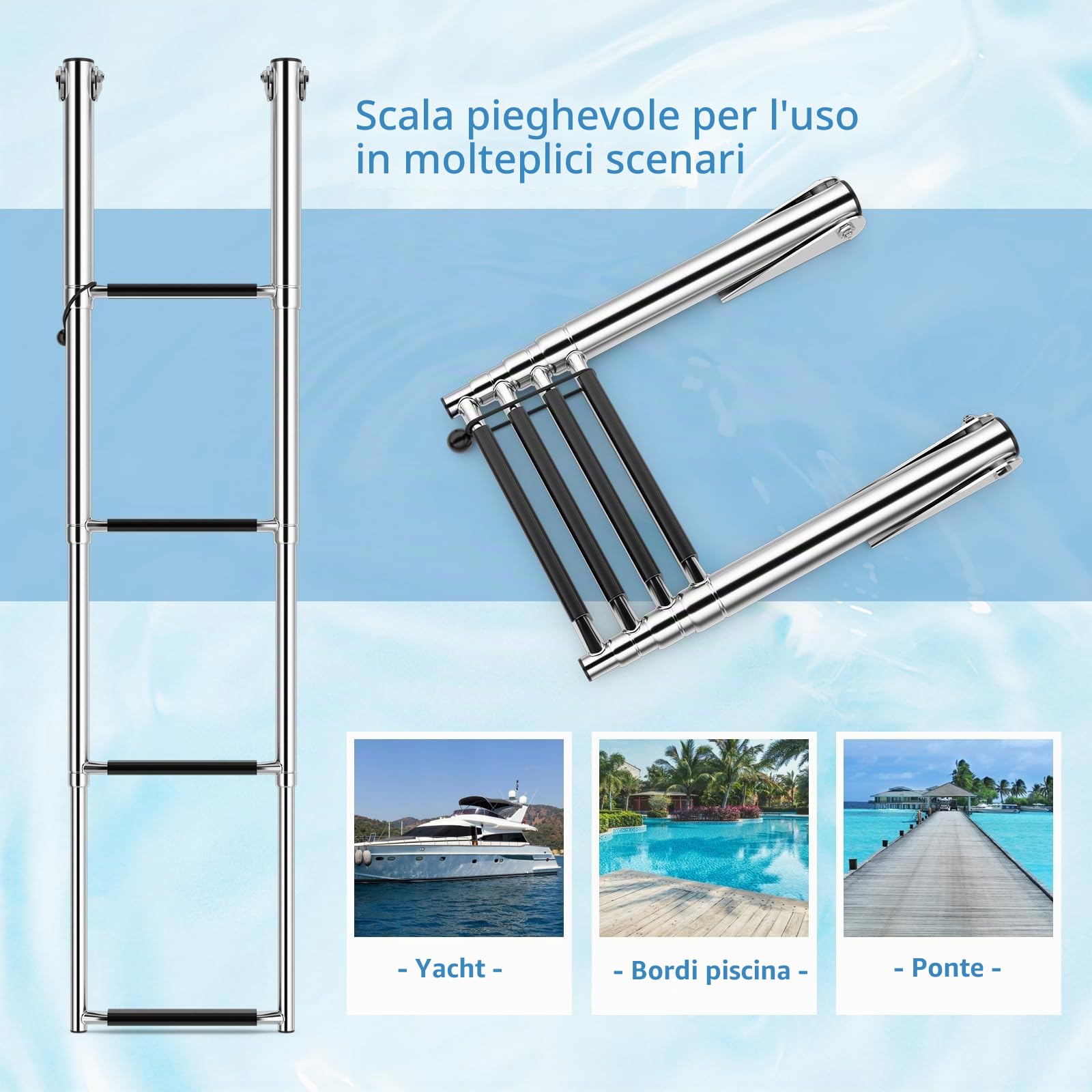 SOARS Scaletta Telescopica in Acciaio Inossidabile, Scala Piscina Fuori Terra a 4 Gradini Antiscivolo, Portata Massima 227 KG, per Piscina, Barca, Ponti, Pontile Galleggiante