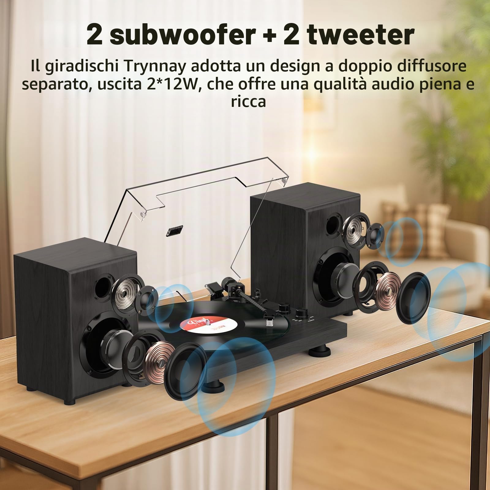 Trynnay Giradischi, Lettore con Contrappeso Regolabile, Bluetooth In/Out, 33/45 RPM, Riproduce Dischi in Vinile da 7/10/12 Pollici, Suono Hi-Fi per gli Appassionati di Musica, Nero