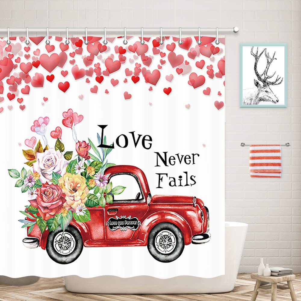 Valentine Shower Curtain, Valentine Falling Red Hearts Love Never Fails Shower Curtain Set, Rustic Truck with Rose Flower Cloth Shower Curtains Bathroom Accessories with 12 Hooks, 69X70in