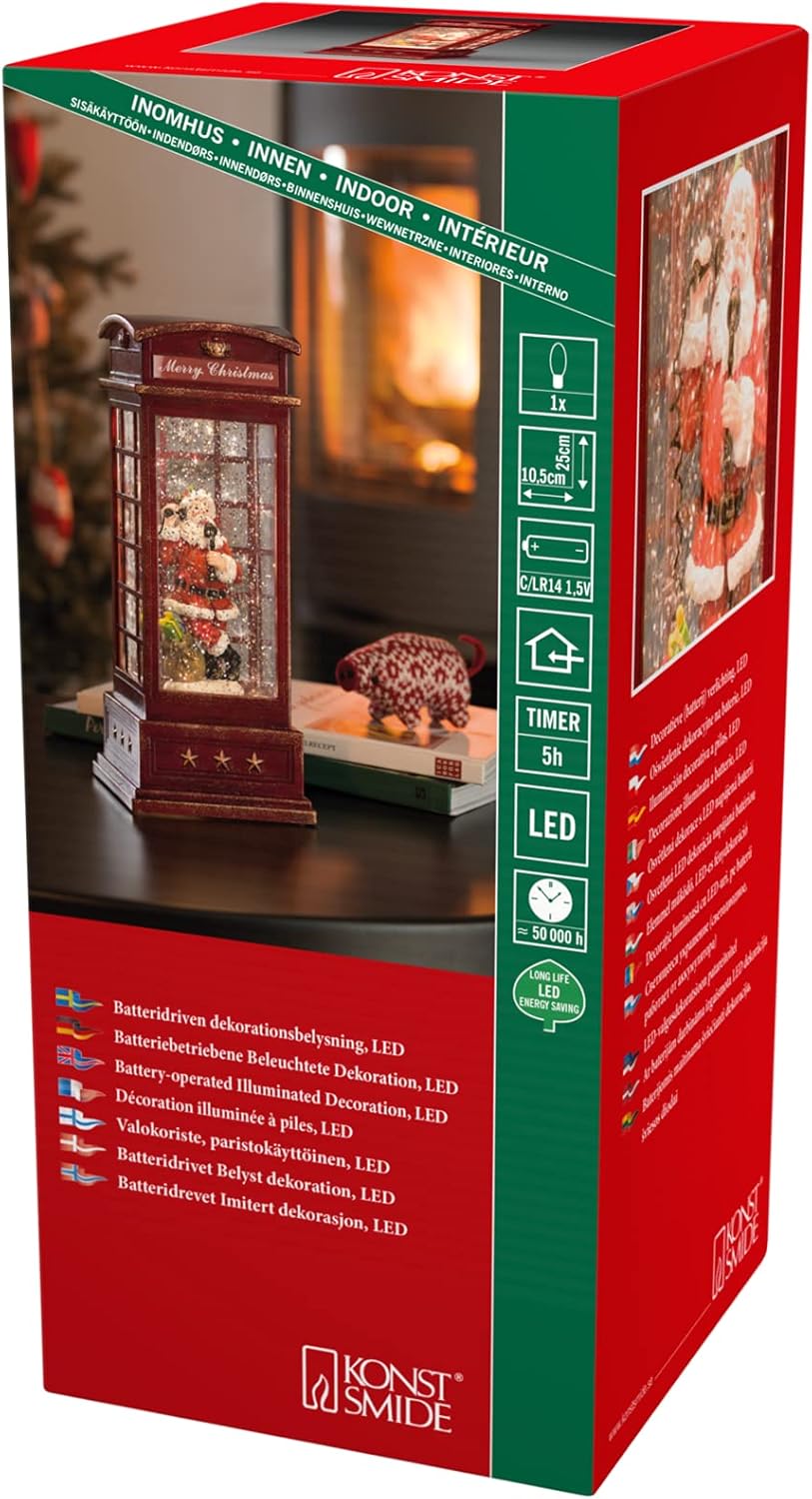 "Konstsmide LED Snow Globe Lantern"Santa Telephone Box", Water Filled