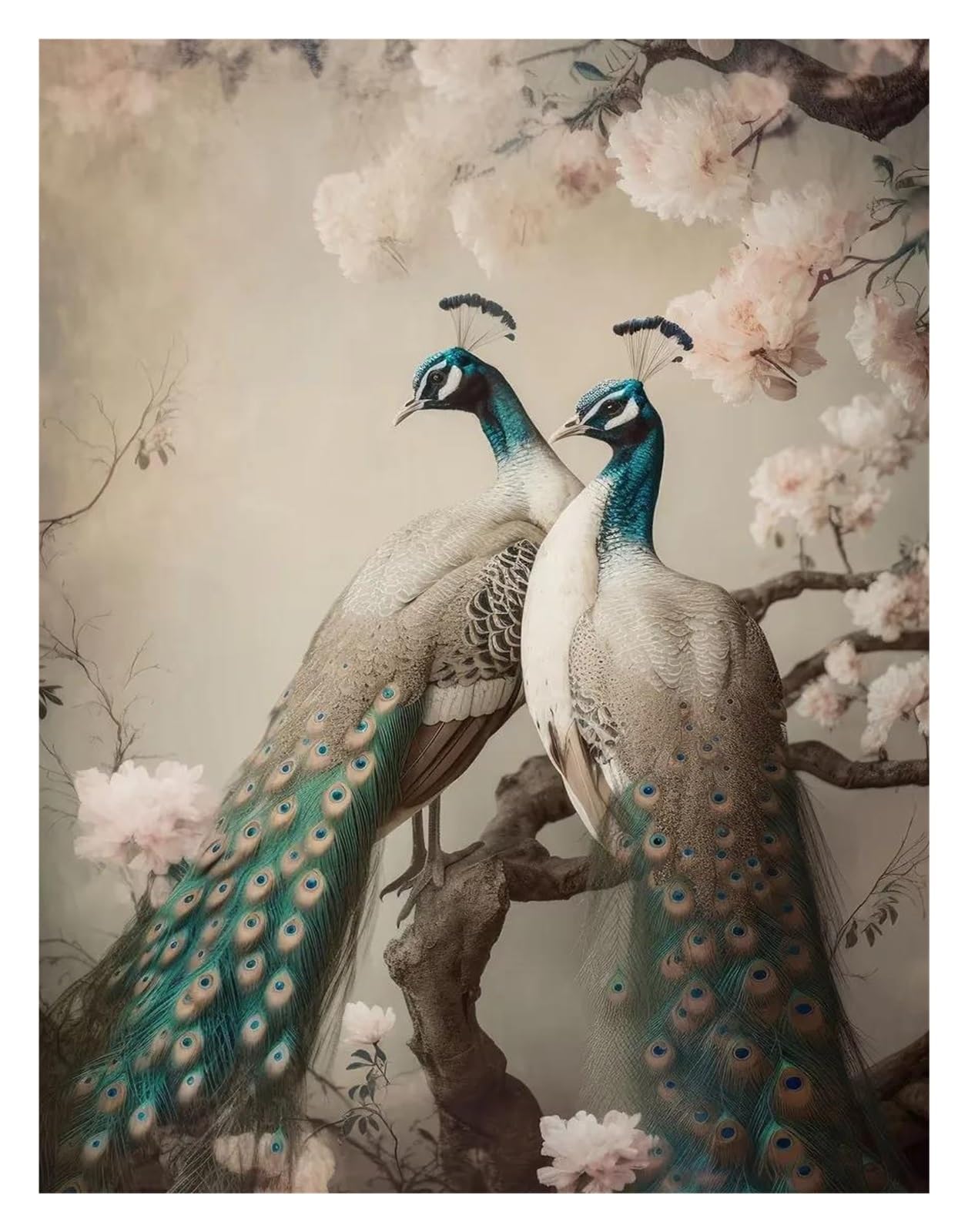 Lienzo rústico con estampado de flores y pavo real vintage en formato 40x60cm