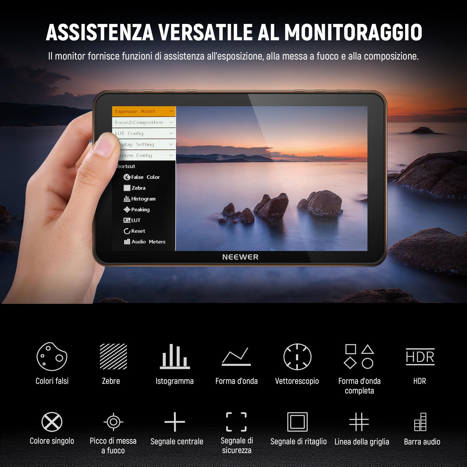 NEEWER F700 Monitor da Campo per Fotocamera 7", 2000nit HD 1920x1080 IPS Touch Screen con 3D LUT, Loop in/Out HDMI 4K con Peak Focus DSLR Video Assist HDR Waveform, Cold Shoe, Batteria Non Inclusa