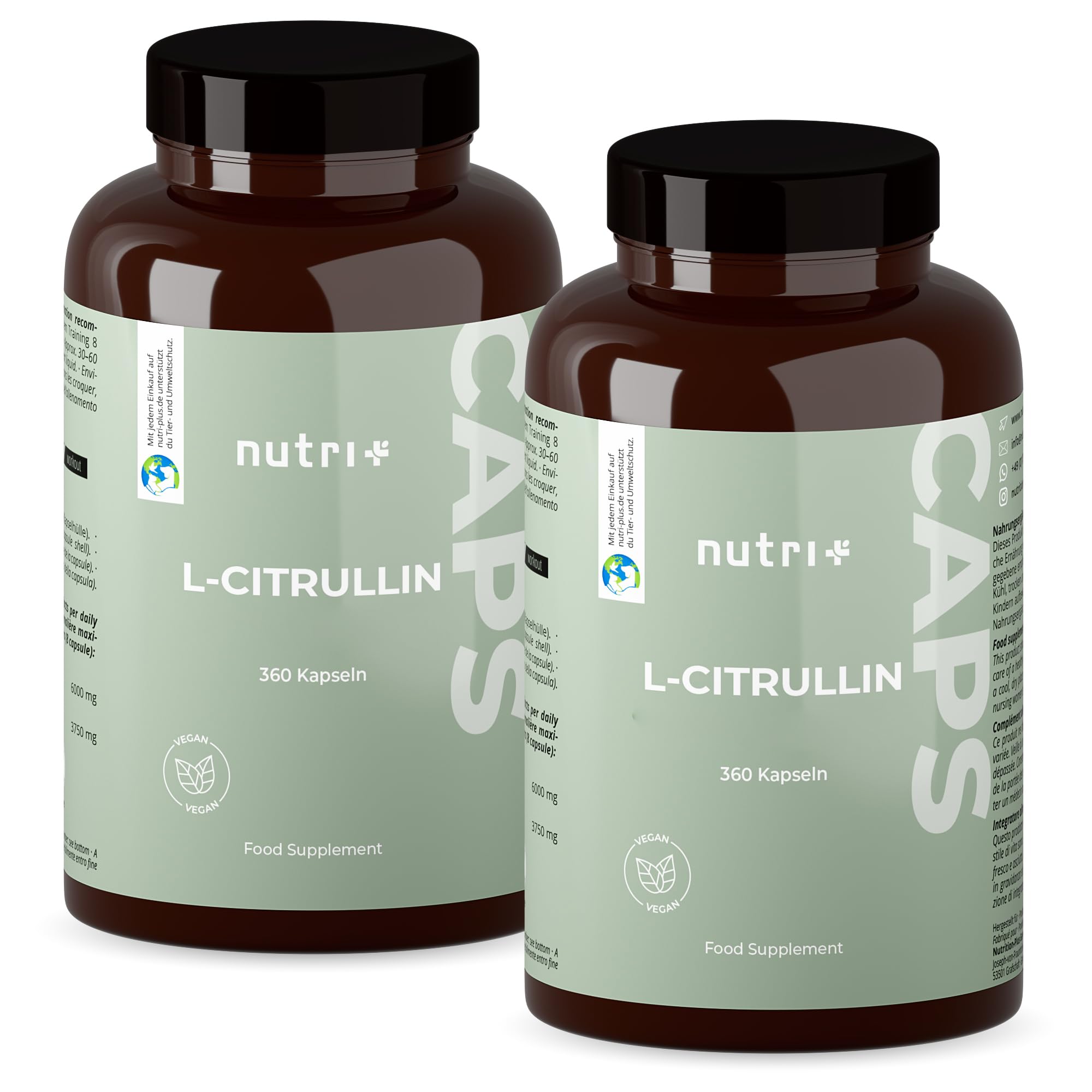 Nutri + Citrulline gelule 6000-360 Capsules vegan + hautement dosé - L-Citrulline malate gelules DL 2.1 végétalien - Qualité Premium sans additifs