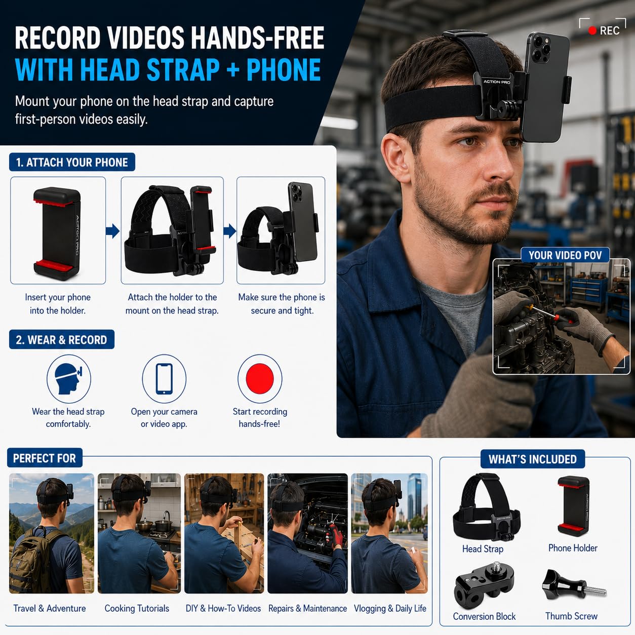Action Pro Head Strap Mount Phone Holder Tripod Mount Adapter with Long Thumb Screw Compatible with GoPro-12/11/10/9/8/7/6/5/4/SJCAM and Other Action Cameras and All Smartphones 1