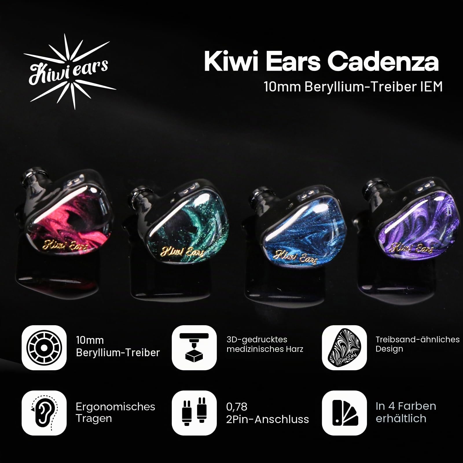 Kiwi Ears Cadenza In-Ear-Monitor, 10 mm Beryllium Dynamic Driver IEM Kopfhörer, HiFi-Studio-Kopfhörer mit 3D-gedrucktem Hohlraum, abnehmbares 2-poliges IEM-Kabel für audiophile Musiker