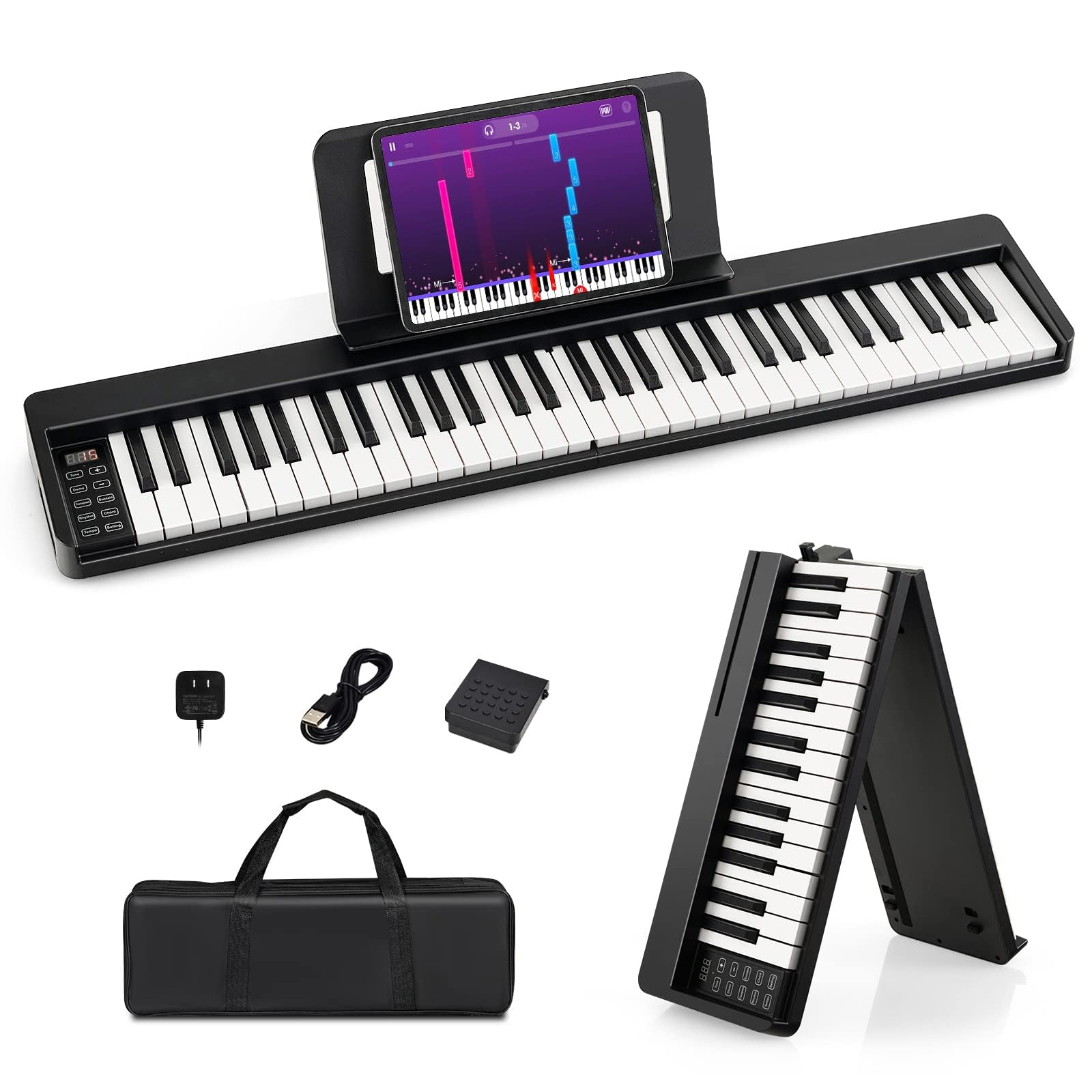 RELAX4LIFE Tastiera Pianoforte Digitale 61 Tasti, Pieghevole Portatile con Custodia, Bluetooth MIDI/Audio, Tasti Sensibili, Batteria 1750mAh, per Principianti Bambini Adulti