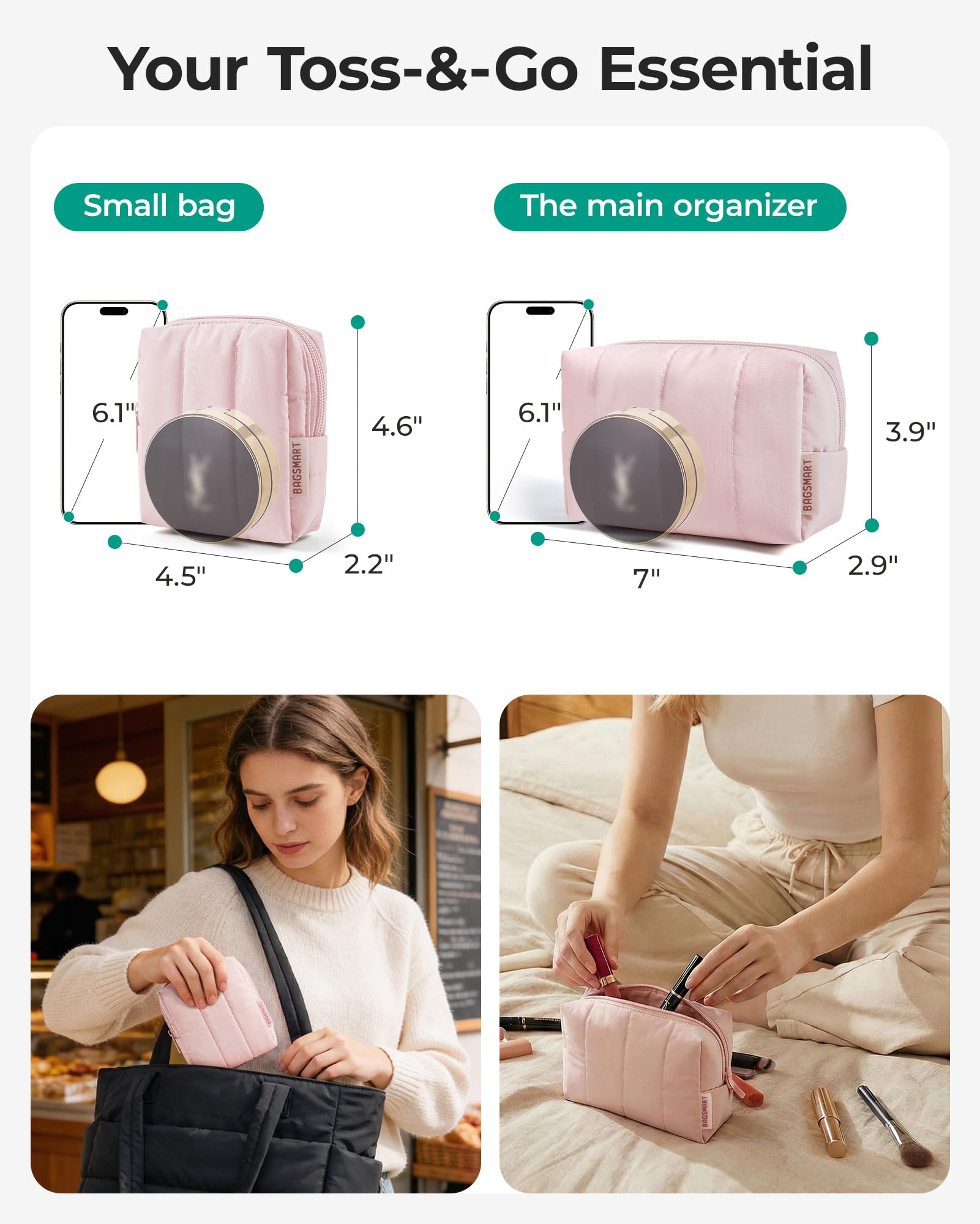BAGSMART Makeup Bag Duo Set, Puffy Padded Travel Cosmetic Organizer with Slip-in Pockets, Large Toiletry Bag & Small Purse Pouch, Travel Essentials for Women, Baby Pink — view 3