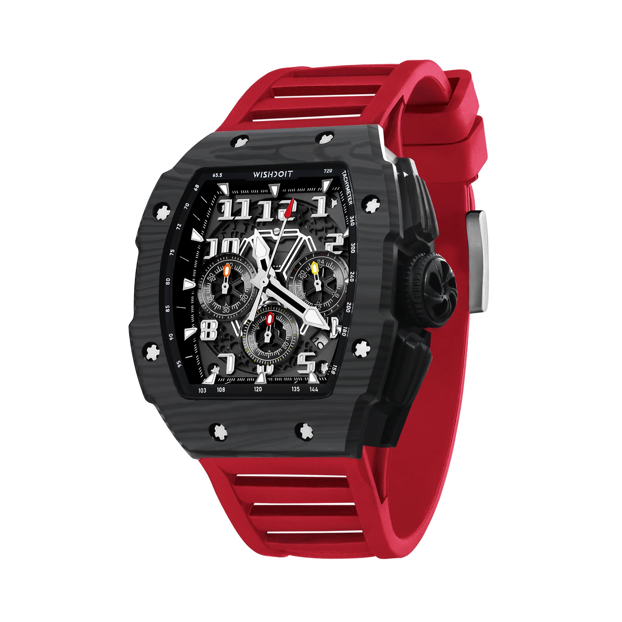 WISHDOIT GT Chronograph Watch Mens Luxury Tonneau Watch Calendar Date Luminous Waterproof Replica Watch for Men FKM Rubber Strap Sport Dress Casual Wristwatch, Black Case Red Band, modern (B0BGHQB8PY) Amazon Price History, Amazon Price Tracker