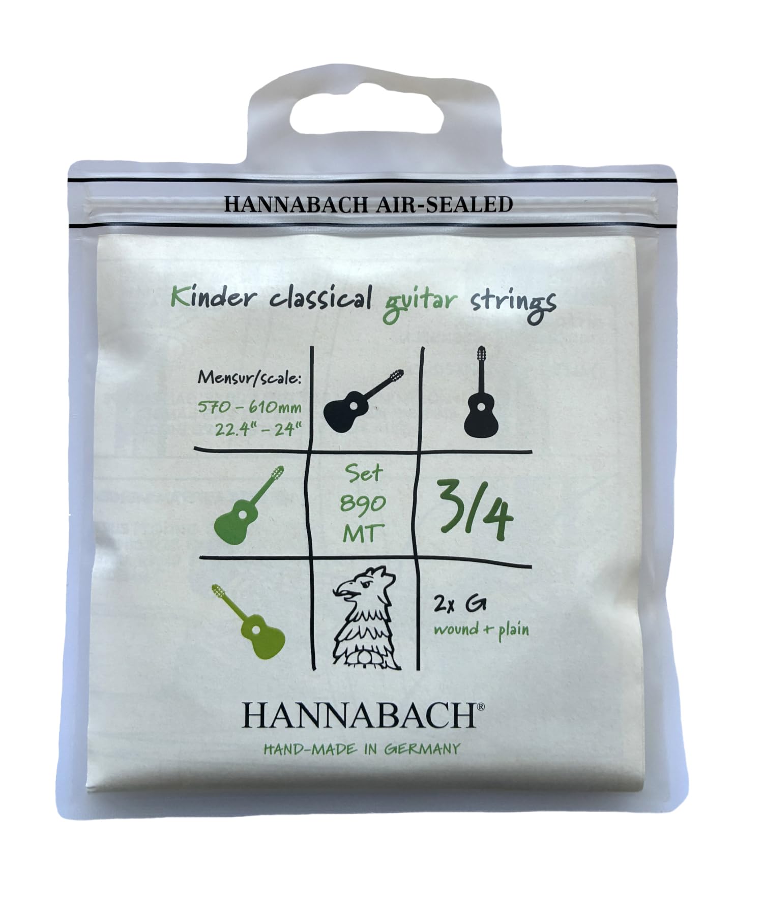Hannabach Corde per chitarra classica Serie 890 MT per 3/4 chitarra per bambini Mensur: 57-61 cm - Set die 2 corde Sol - 890MT 3/4