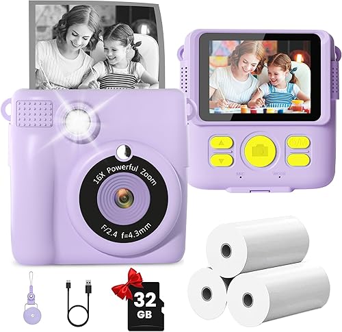 Miniatura 8 de GKTZ Cámara de impresión instantánea para niños, cámara HD 1080P con selfie, tarjeta SD de 32 GB, juguete de viaje portátil, regalo perfecto de Rosa
