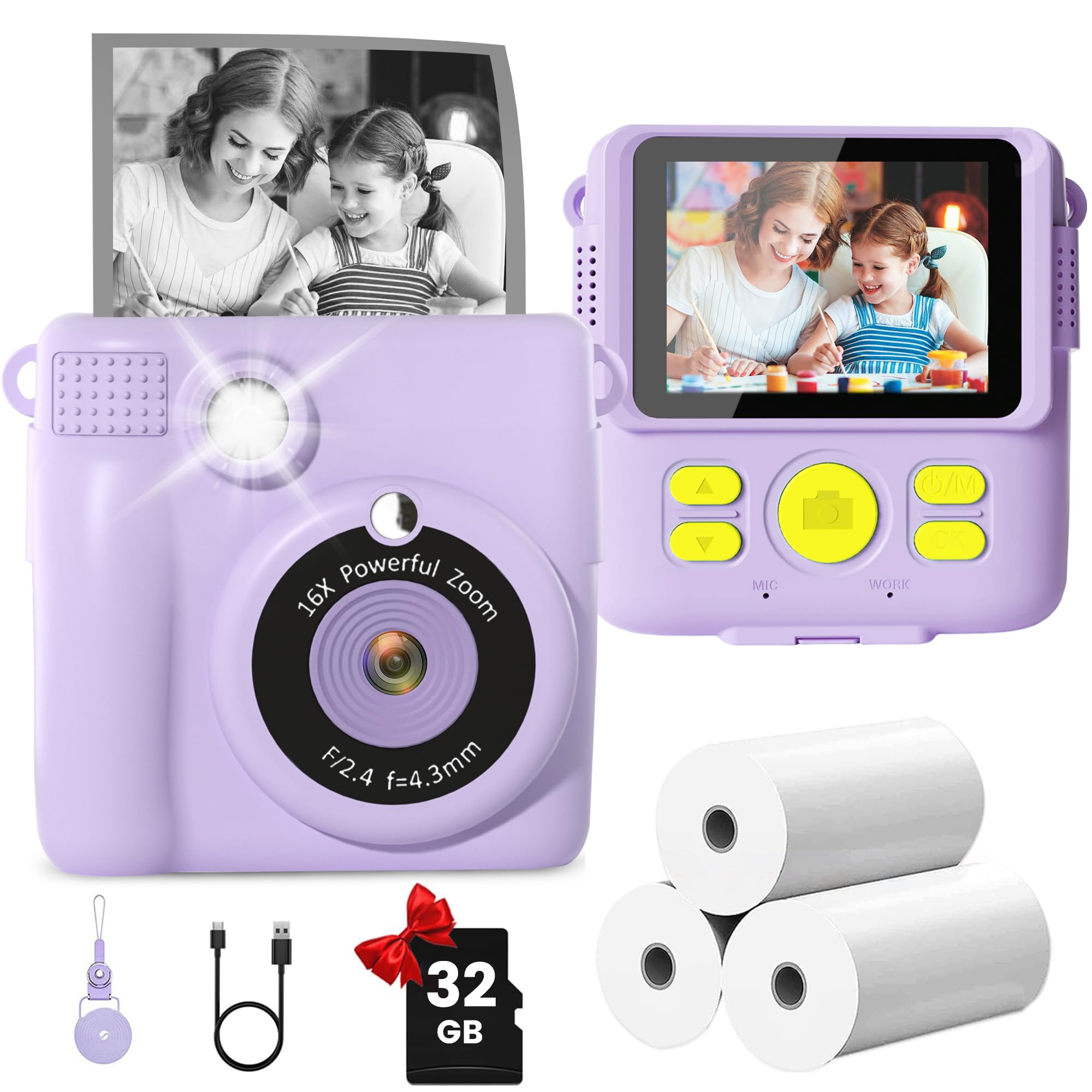 GKTZ Kids Camera Instant Print - 2.4" Eye-Care Digital Video Camera for Toddlers &amp; Kids Ages 3-12, with 3 Rolls Paper &amp; 32GB SD Card, 1080P, 18 Frames, Birthday Christmas Valentines Gifts for Girls