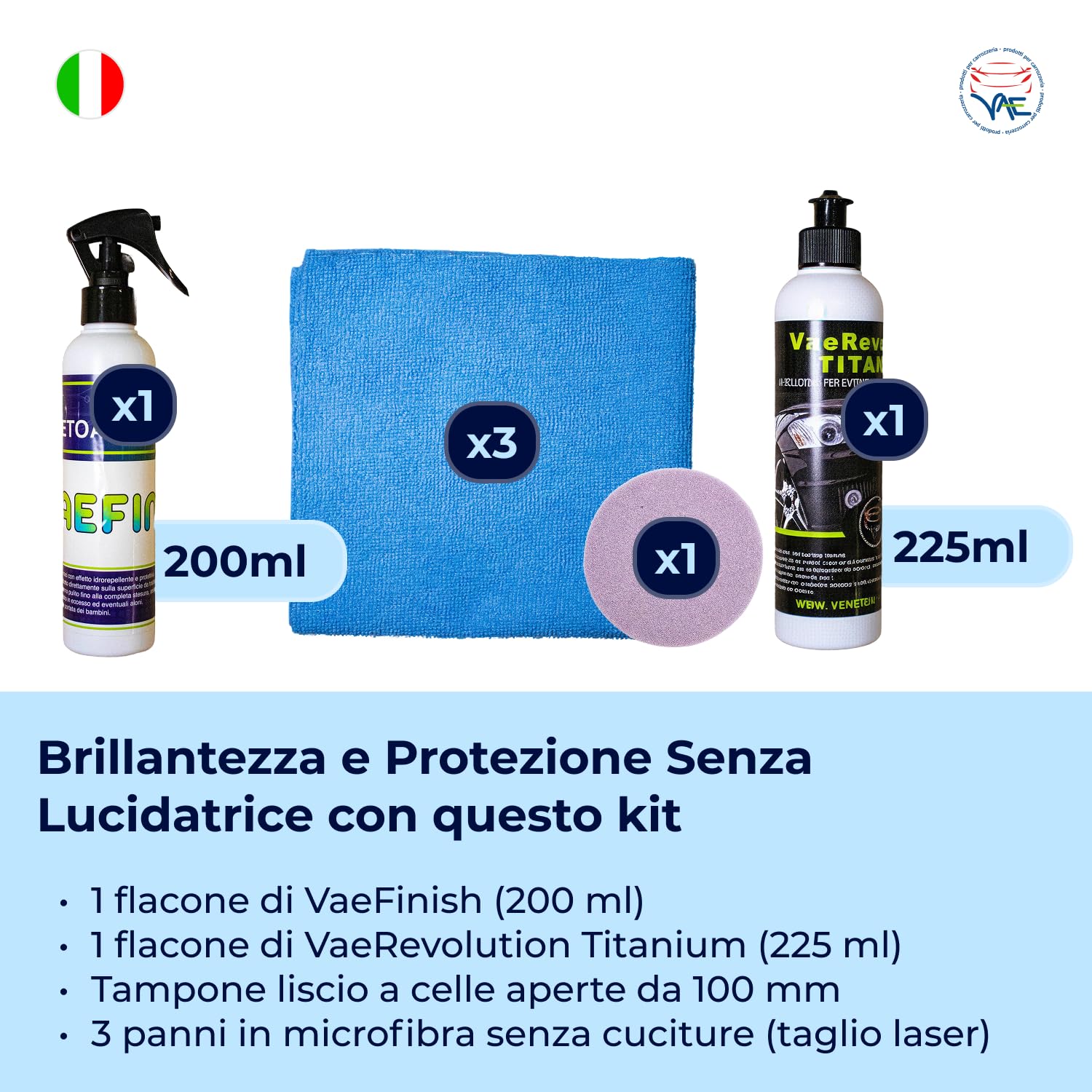 VAE Kit Lucidatura Auto Manuale con VaeRevolution Titanium 225g e VaeFinish 200ml, Tampone Liscio e Panni in Microfibra Inclusi, Lucidante e Protettivo Professionale per Auto Brillante e Protetta