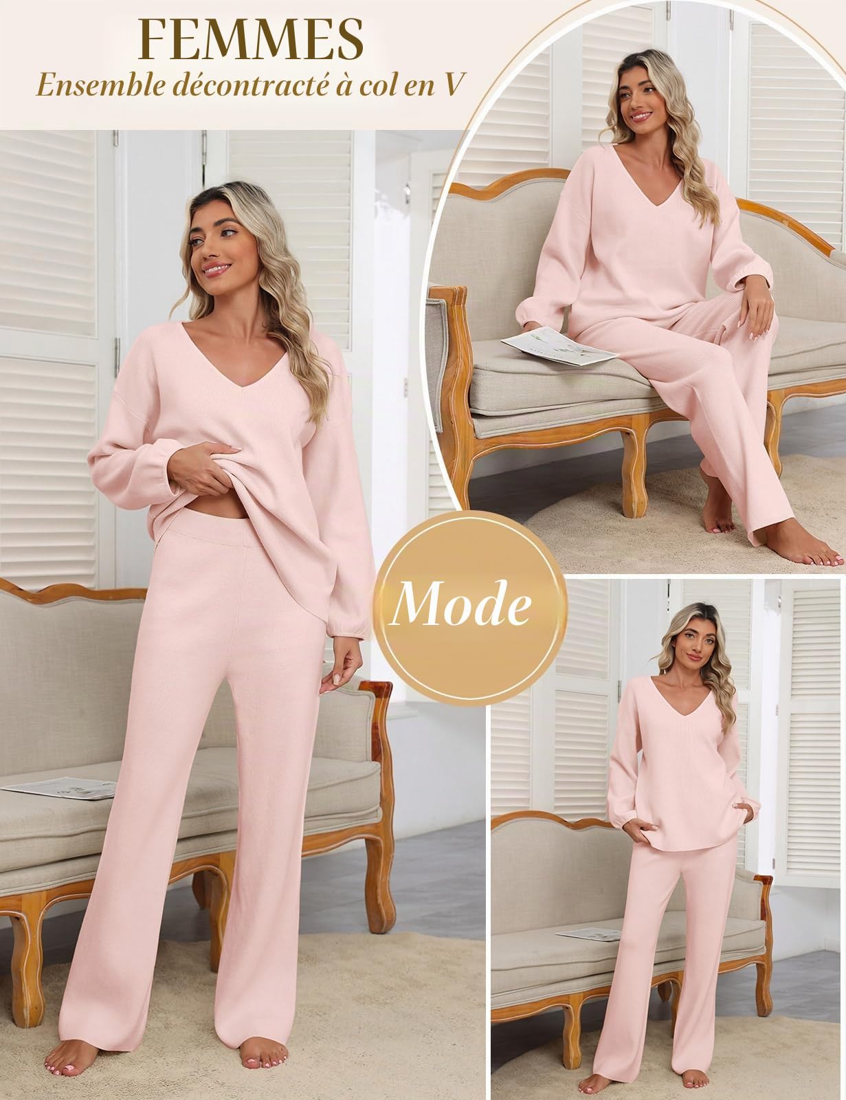Ensemble Femme 2 Pièces Pyjama Hiver Automne Haut Manches Longue Col en V Tricot Côtelé Pantalon Droit à Taille Élastique Survêtement Doux Tenue Interieur Chic et Elegant