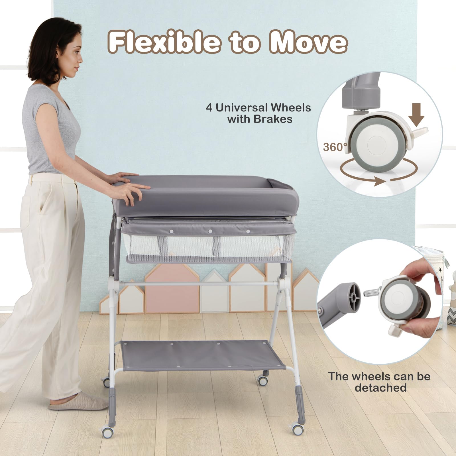 LIFEZEAL Cambiador 3 en 1 para Bebé, Cambiador Plegable con Ruedas, Cambiador de Pañal Ajustable de Tejido Oxford y PP, Capacidad de Carga 15 KG, no incluye bañera (Gris)