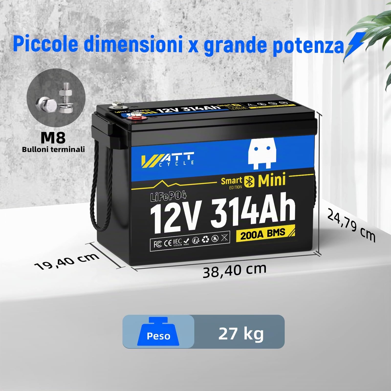 WattCycle Batteria al Litio LiFePO4 12V 314Ah 4019Wh con Bluetooth, BMS Intelligente 200A, Protezione Bassa Temperatura, 15000+ Cicli, Batteria Deep Cycle per Camper, Barca, Impianto Fotovoltaico