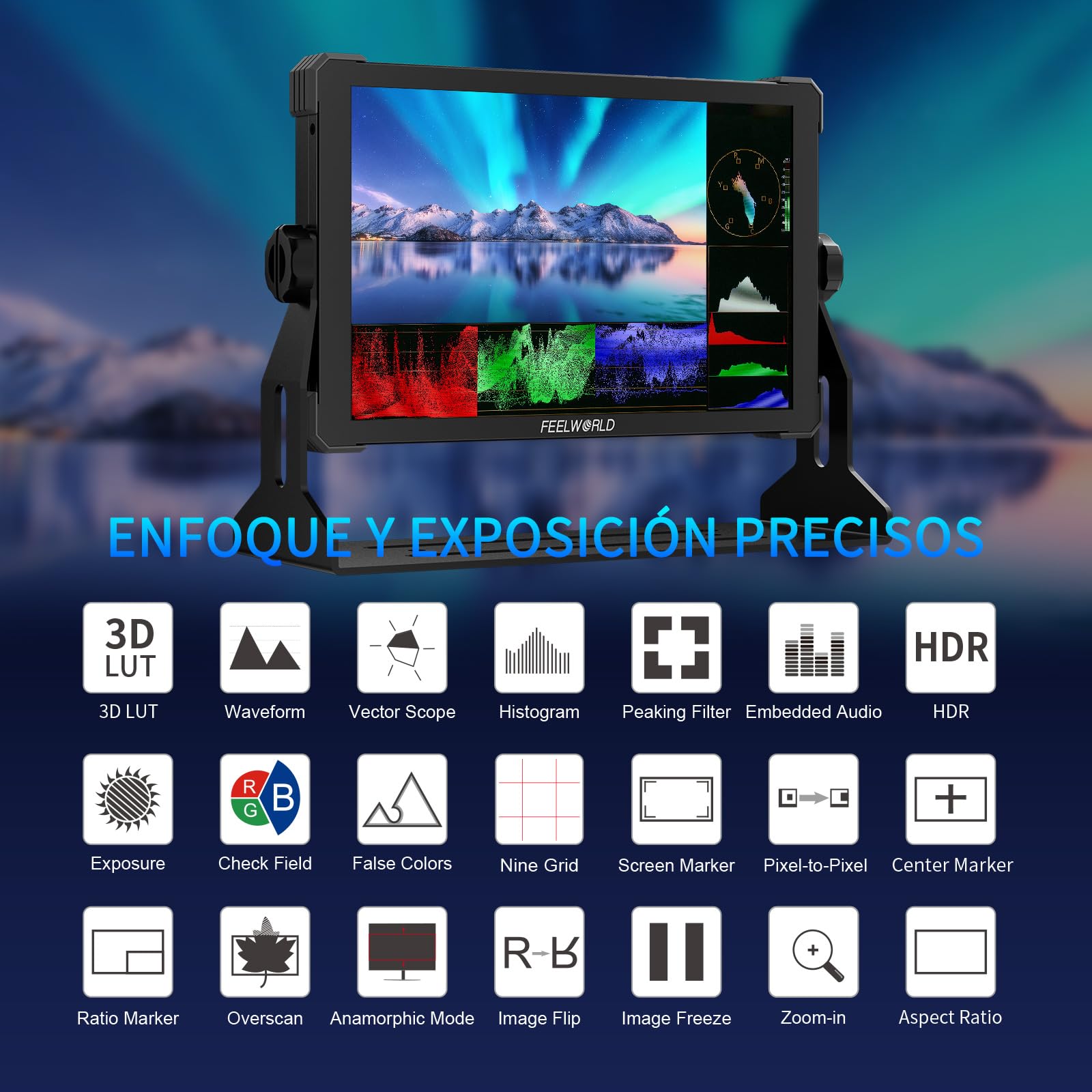 FEELWORLD T10 Pantalla táctil de 10,1 Pulgadas Monitor de Campo de cámara con HDR de Forma de Onda y 3D LUT out Carcasa de Aluminio con diseño de Esquinas Protectoras engomadas