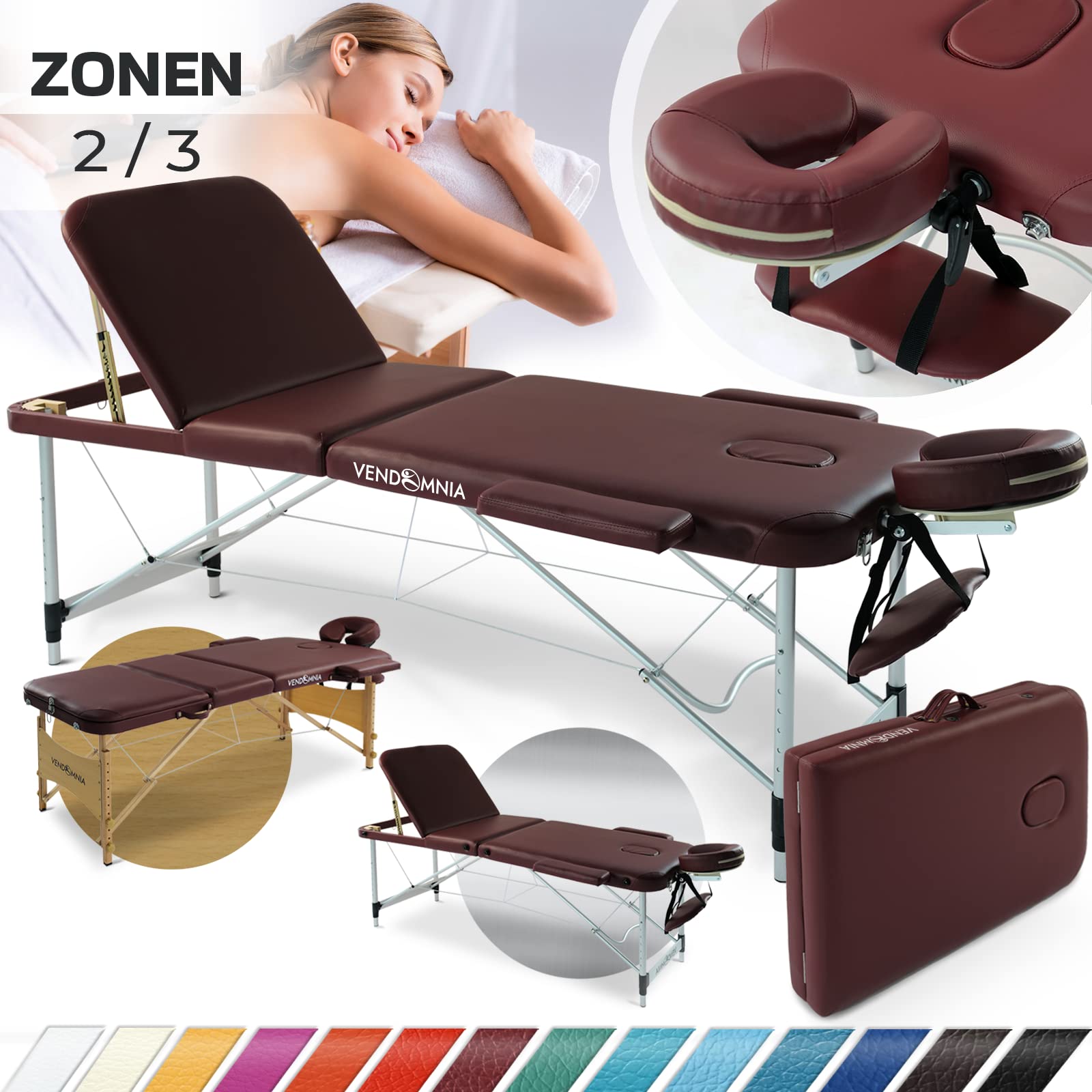 VENDOMNIA Mobile Massageliege - Aluminium mit 3 Zonen höhenverstellbar inkl. hochwertiger Kopfstütze Tasche Armlehnen - Farbwahl Klappbar, Massagetisch Massagebett Massagebank Behandlungsliege