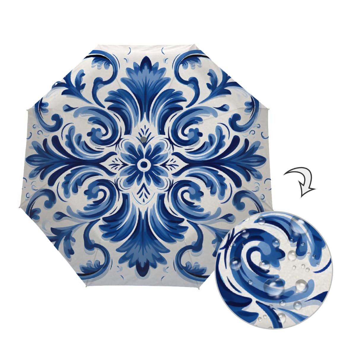 Ombrello pieghevole da viaggio con motivo floreale blu e bianco in ceramica, compatto, antivento, impermeabile con protezione UV, rivestimento nero, leggero, 8 costine, portatile, per pioggia