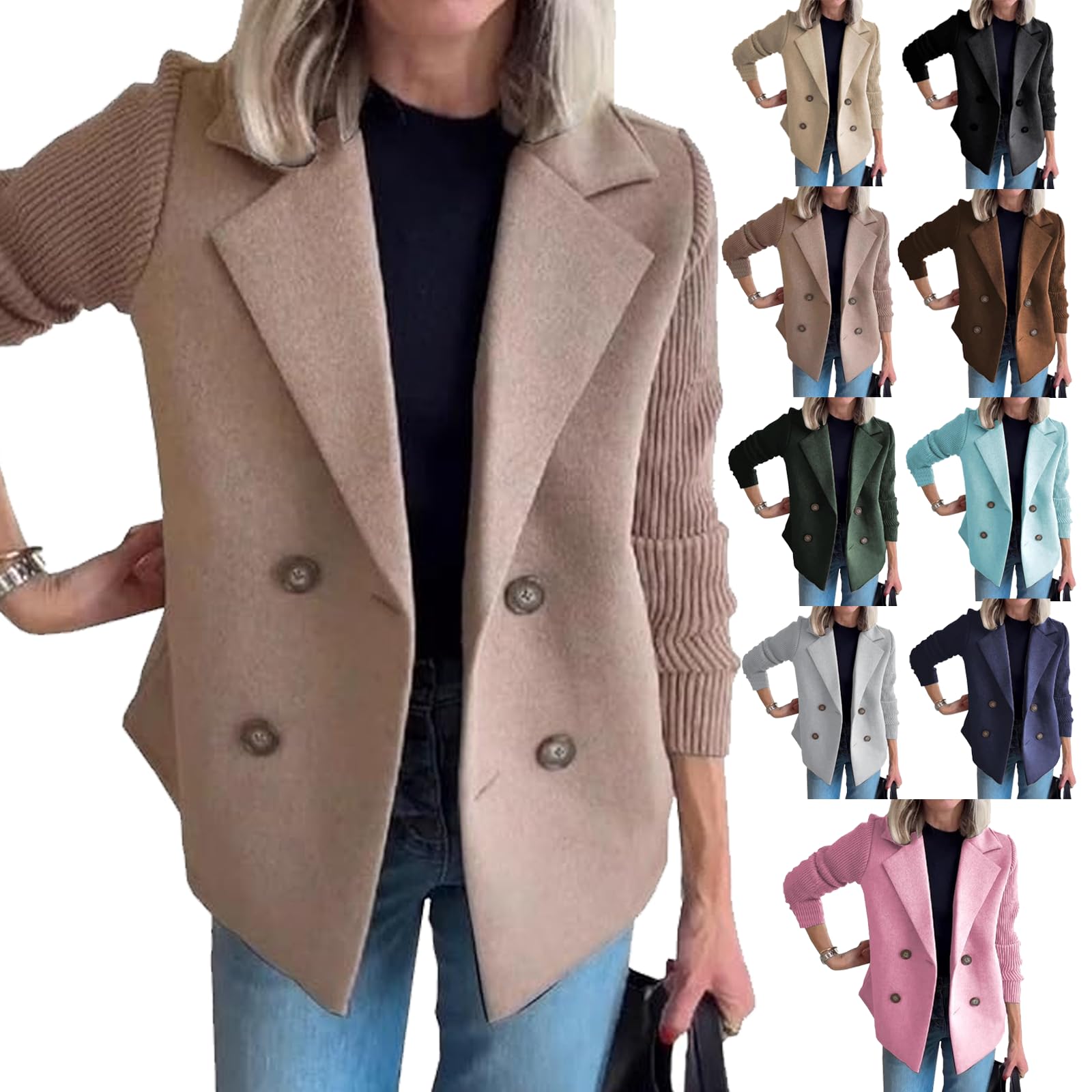Sweater Blazer for Women Casual Knit Blazer with Lapel and Button Front Cropped Patchwork Sleeve Casual Coat