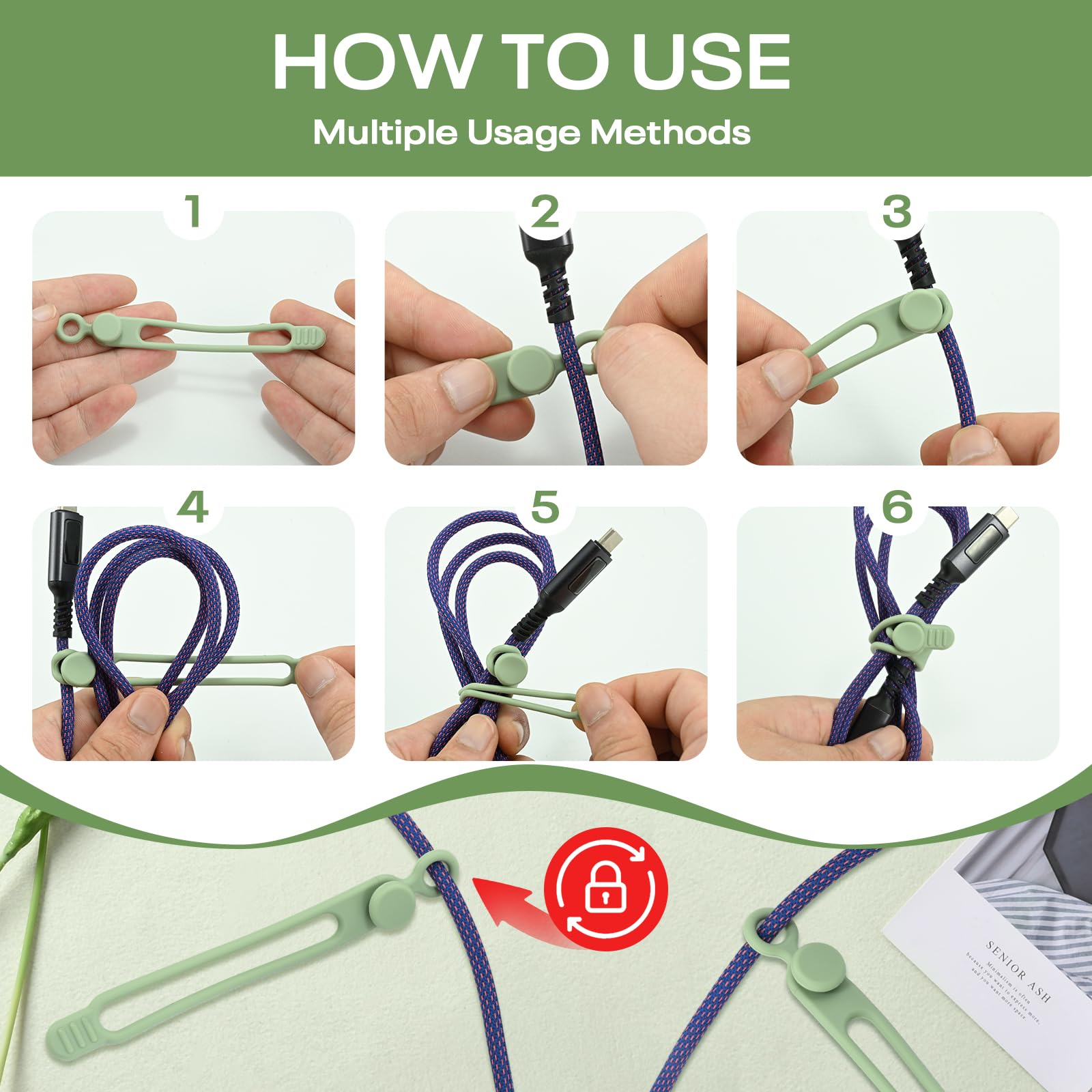 Silikon-Kabelbinder, wiederverwendbar, elastische Draht-Organizer, für Ladekabel, Elektrokabel, Computerkabel, USB-Datenkabel-Management, Kabel-Organizer (6 Farben, 3 Größen)