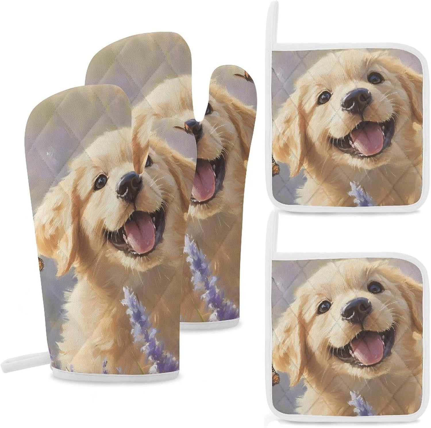 Happy Retriever Puppy Oven Mitts and Pot Holders 4Pcs Set Heat Resistant Cooking Mitts Hot Pads