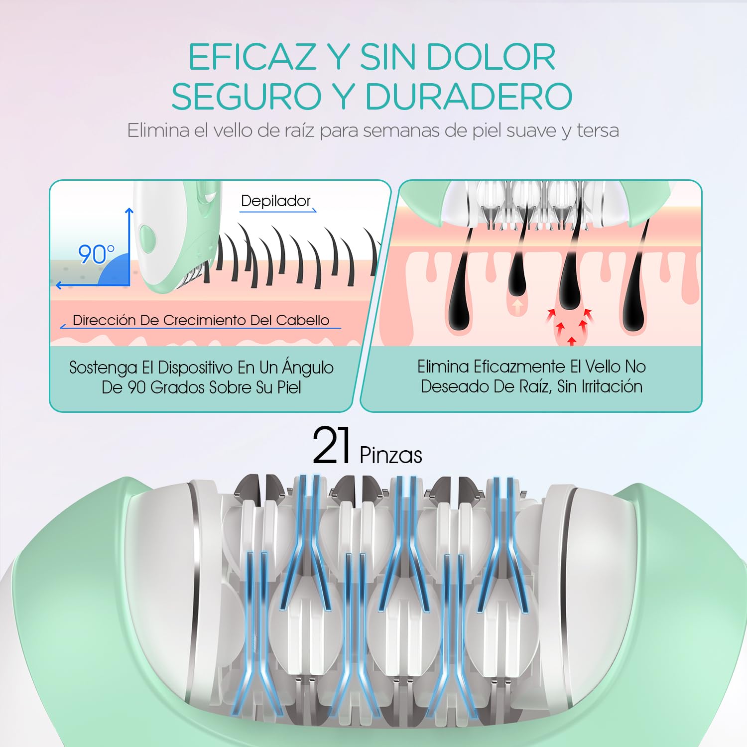 VOGOE Depiladora Mujer con 21 Pinzas & Luz LED, 2 Velocidades Inalámbrica Maquina Depiladora Facial Mujer, Depiladora Electrica Recargable para Brazos, Piernas, Cara HR110 (Verde)
