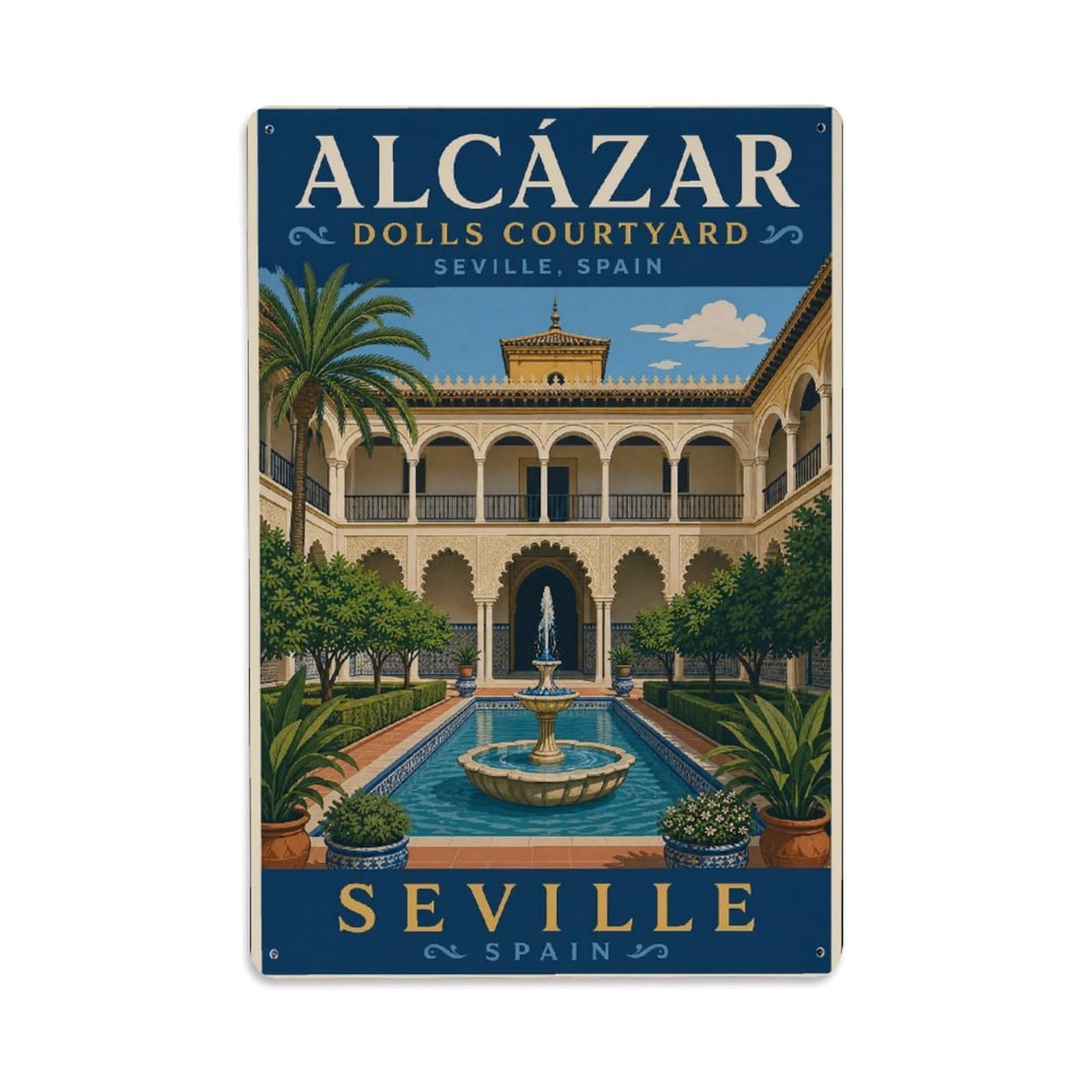 Yrnq 08X12inch Vintage Style Vintage Alcazar Dolls Courtyard Fountain Arches Spain Metal Tin Sign