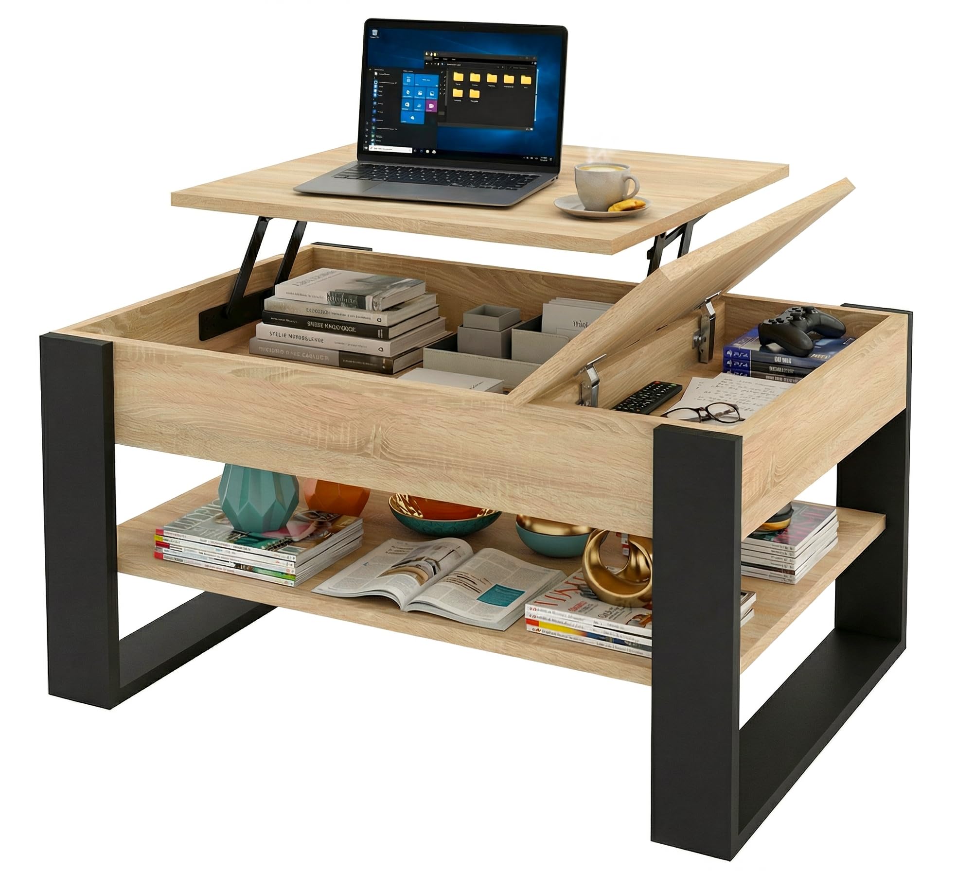 Mesa de Centro elevable | Mesa de salón con almacenaje | Roble Sonoma/Negro | con función Lift