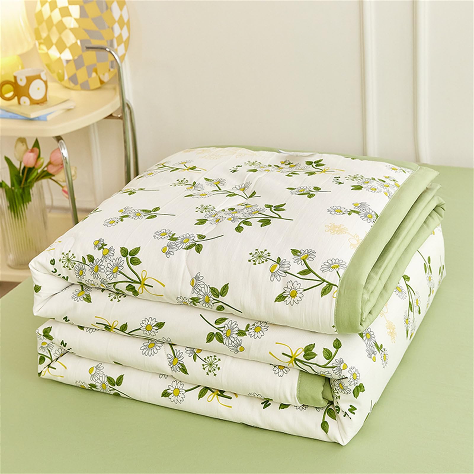 Highdi Quilted Bedspreads, Modern Flowers Lightweight Bedspread Coverlet for All Season, Soft Bed Throws Quilted Bedspreads, Washable Summer Patchwork Quilt King Single Double (Green 2,150x200cm)
